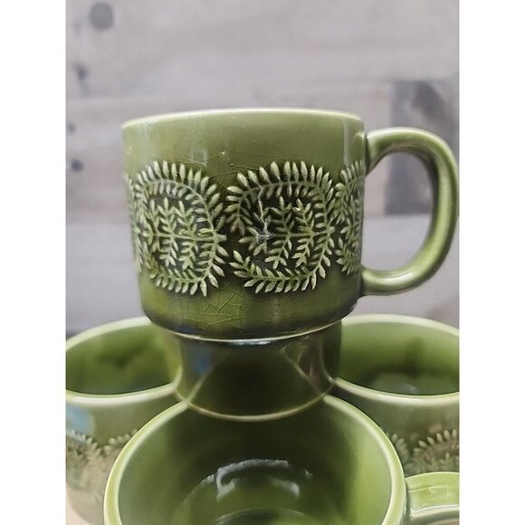 Vintage Set of Four Ceramic MCM Stackable Green Mugs Set Made in Japan - Picture 2 of 7